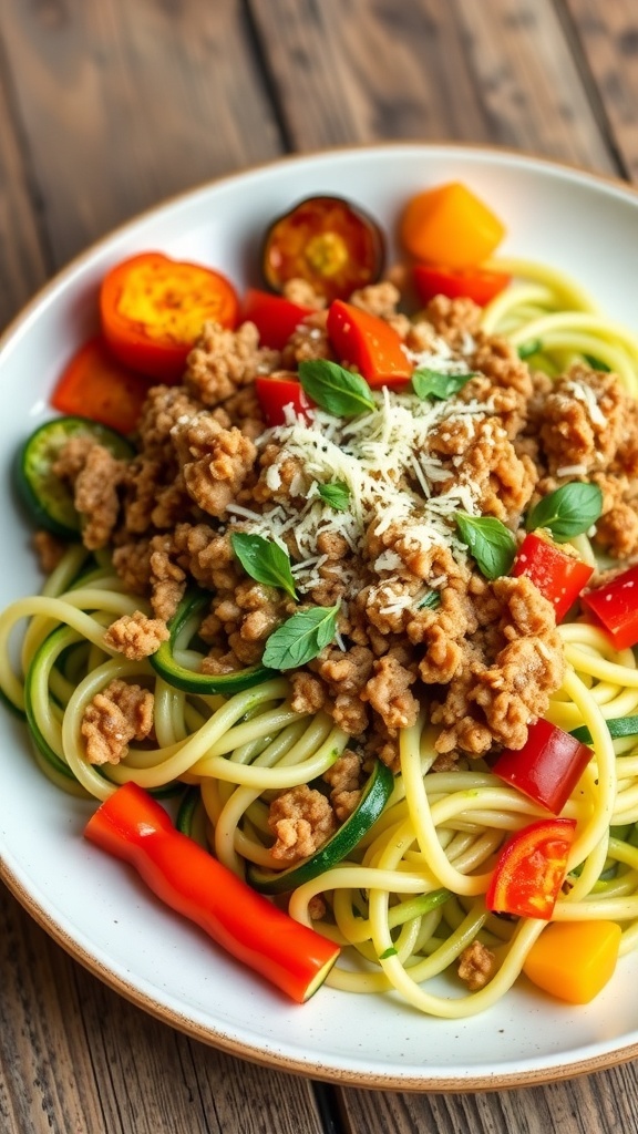 A colorful low carb meal with zucchini noodles, ground turkey, and vegetables, garnished with herbs and cheese.